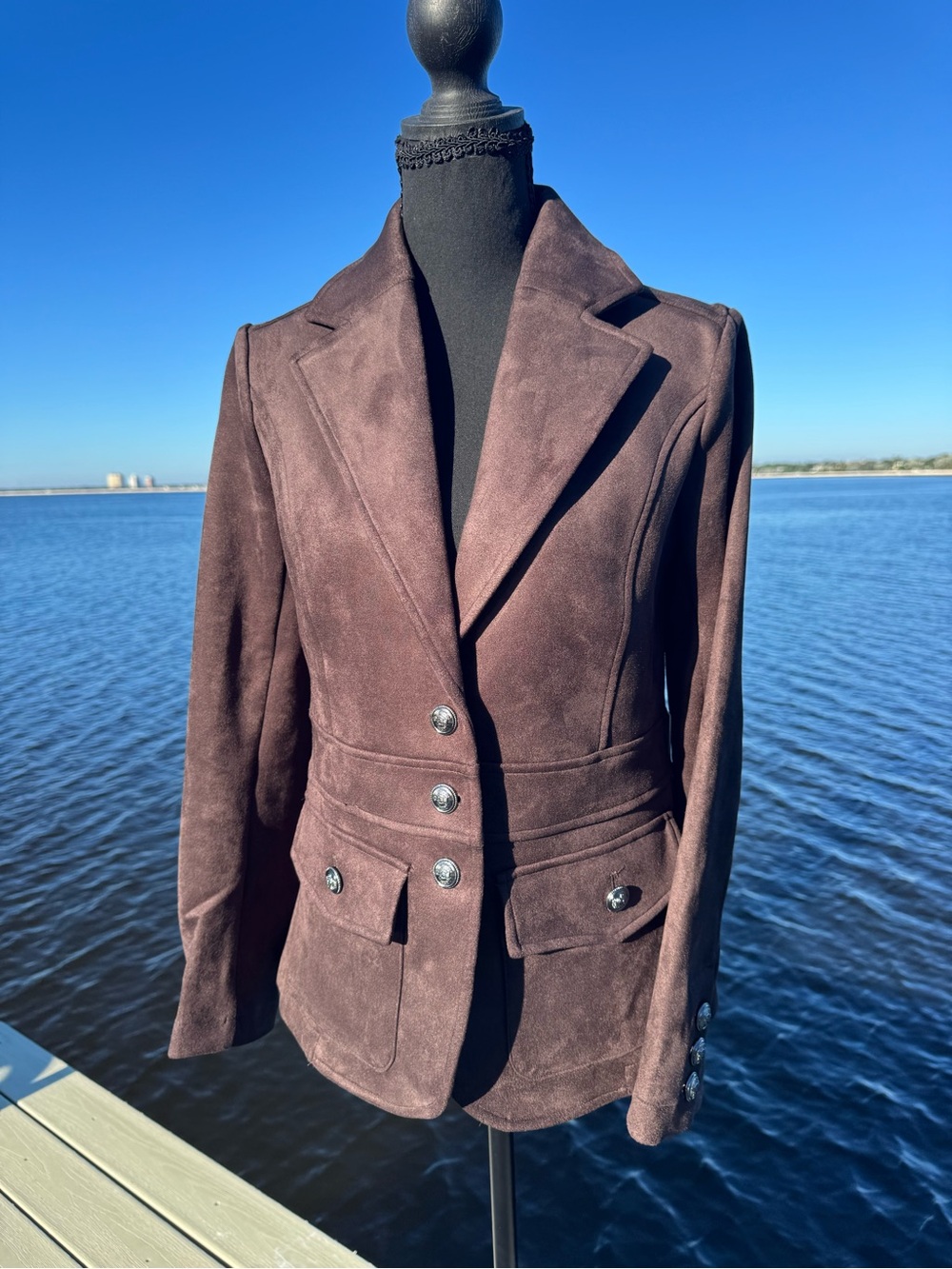 NWT, Large, Joie Faux Suede Gold Crest Button Tailored Jacket. Chocolate brown